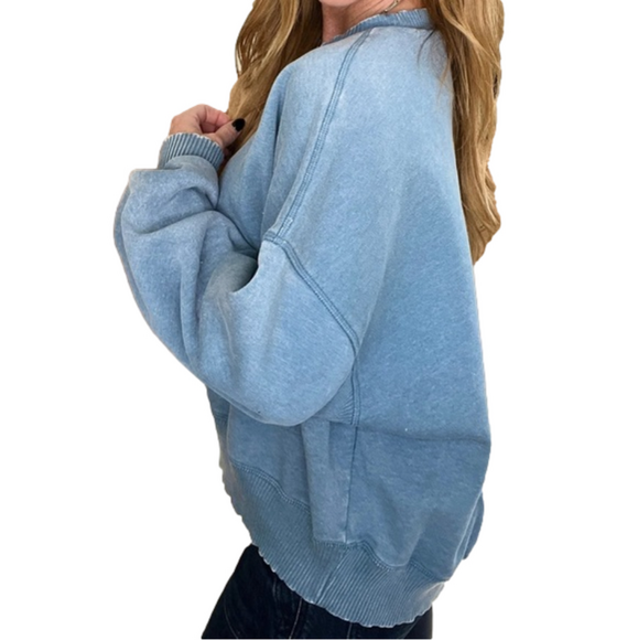 ZENANA Acid Wash Oversized Pullover in Blue Grey - Picture 2 of 3